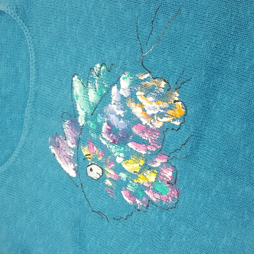 Large Aqua Blue Handpainted Fish Long Sleeve Light Knit Cotton Sweater - Picture 5 of 9
